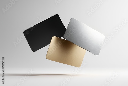 Three metallic credit cards floating against a minimalistic white background with soft shadows