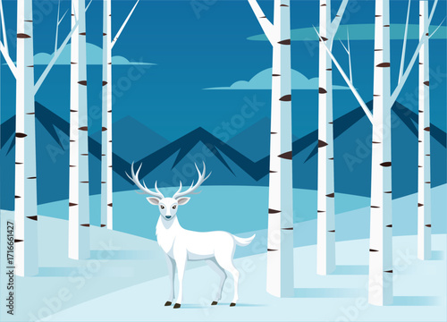 White Deer in Snowy Winter Forest Illustration