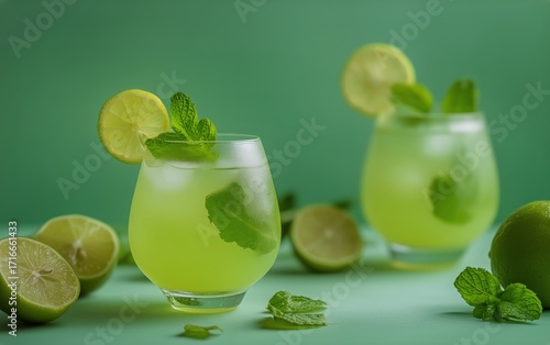 Refreshing Green Drinks With Lime and Mint on Display Against a Bright Green ...