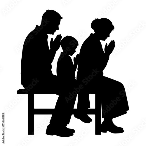 Family praying together on bench sitting child