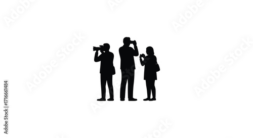 Silhouettes of three people with cameras against a white background