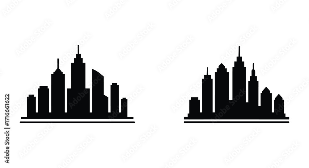 Naklejka premium Simple black silhouettes of two distinct city skylines on white background