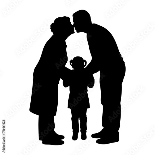 Family silhouette kissing child parents