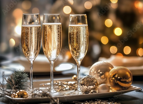 Celebration With Champagne Flutes and Holiday Decorations During a Festive Ga...