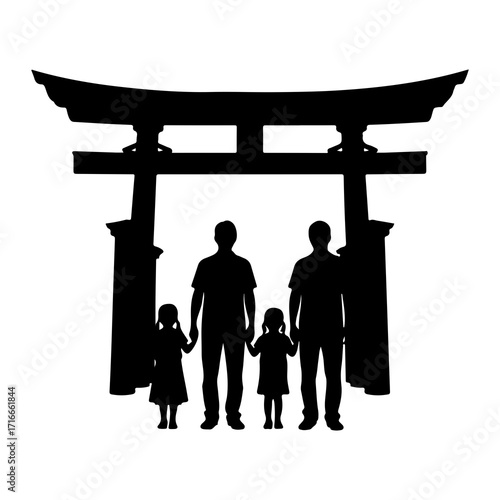 Family standing under torii gate silhouette parents