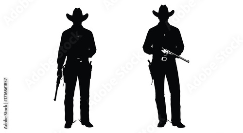Silhouettes of two cowboys standing with guns western style illustration