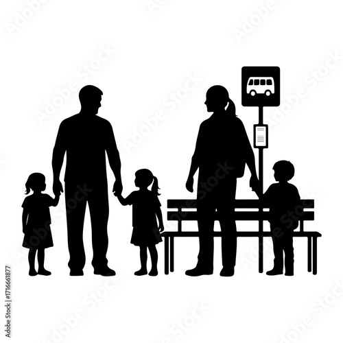 Family waiting at bus stop children parents