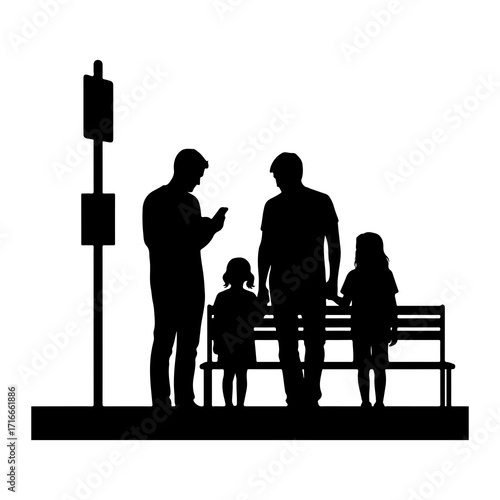 Family waiting at bus stop silhouette parents