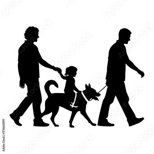 Family walking dog silhouette child