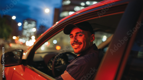 Man driving car in city at night working as gig driver