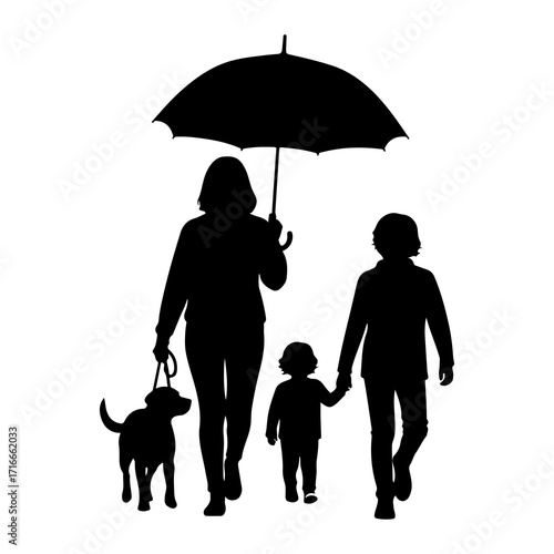 Family walking under umbrella with dog silhouette
