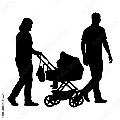 Family walking with baby stroller silhouette parents