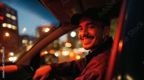 Young man smiling while driving car at night