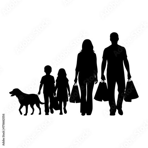 Family walking with dog and shopping bags vector