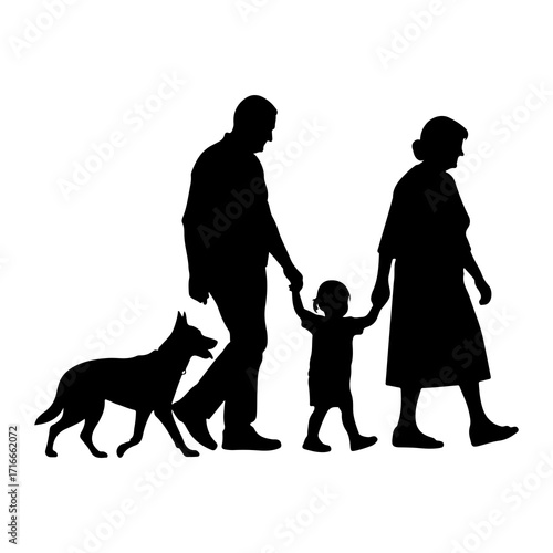 Family walking with dog child grandparents