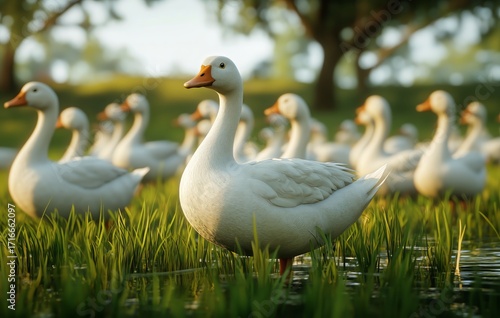 Group of White Geese Wading Through Lush Green Grass Near a Serene Pond in Af...
