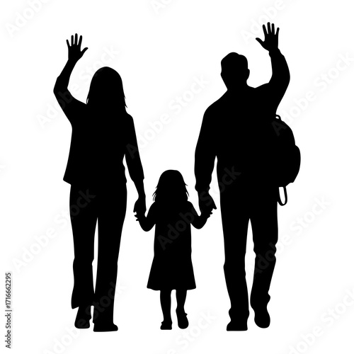 Family waving goodbye parents child