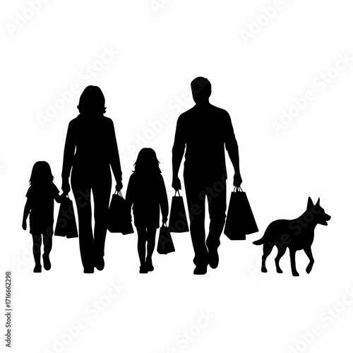 Family with dog and shopping bags walking