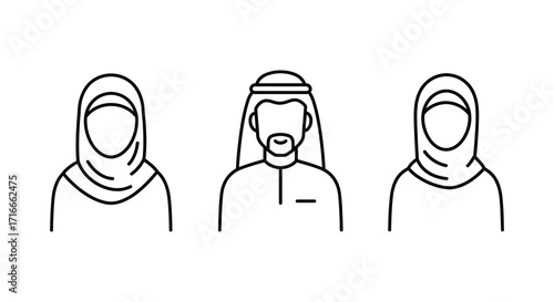 Simple line art illustrations of three people wearing traditional headwear