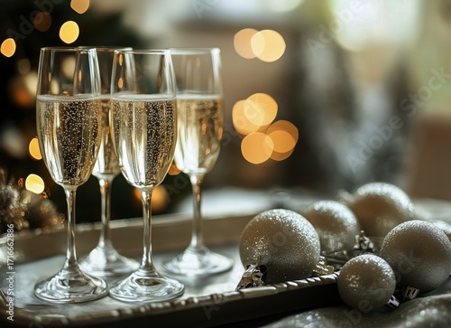 Celebration With Champagne Flutes and Holiday Decorations During a Festive Ga...