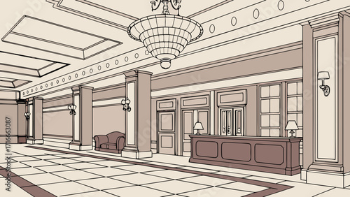 Luxury Hotel Lobby with Marble Flooring, Crystal Chandelier and Elegant Modern Seating  Design