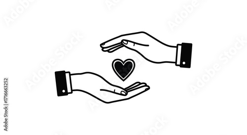 Two hands gently cradling a heart shape in a simple illustration