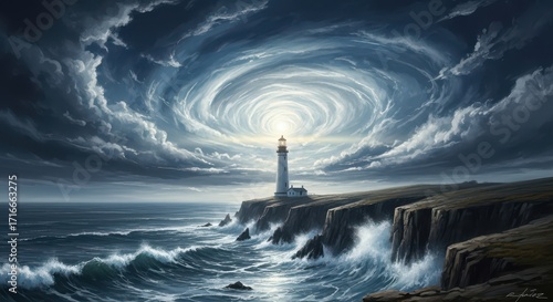 Lighthouse Stands Strong Against Epic Storm Sky Vortex