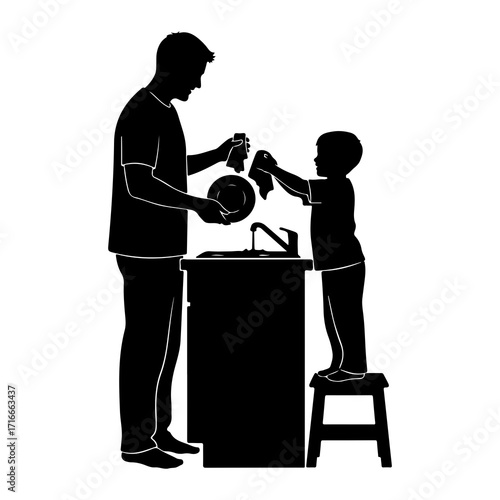 Father and son washing dishes together child kitchen
