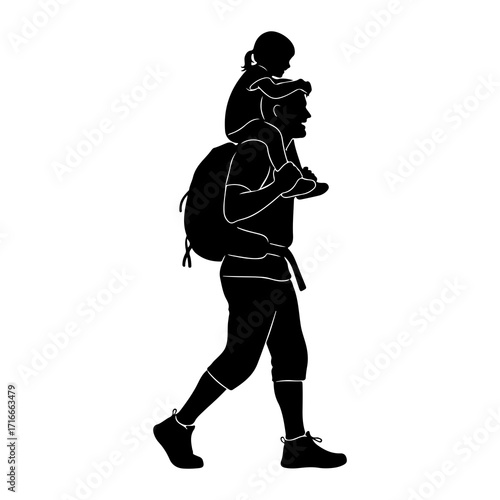 Father carrying child on shoulders backpack