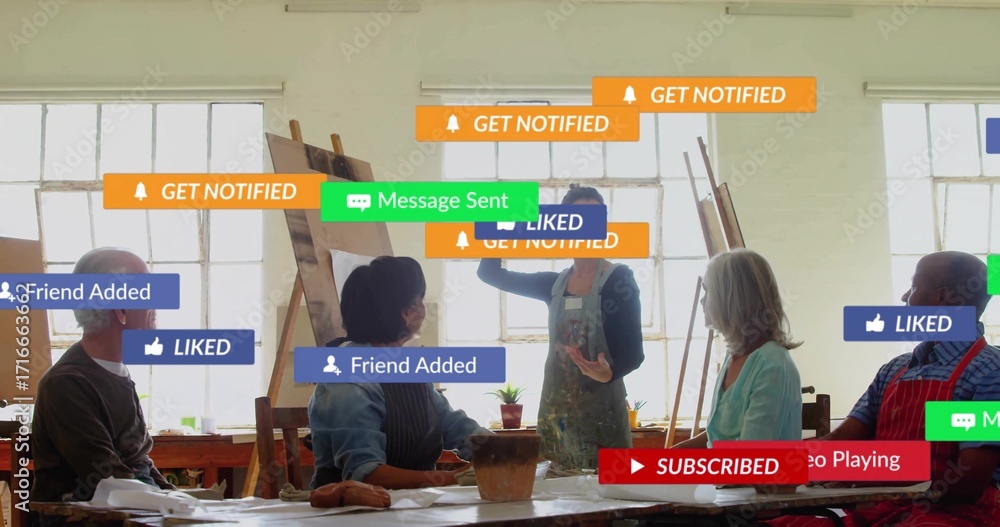 Naklejka premium Guiding instructor leading painting class in art studio, with easels, table, notification banners