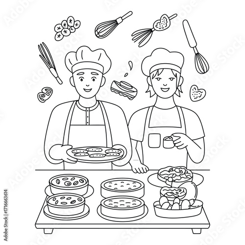 Vector bakery team illustration with male and female bakers working, isolated black and white