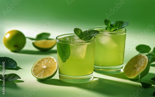 Refreshing Green Drinks With Lime and Mint on Display Against a Bright Green ...