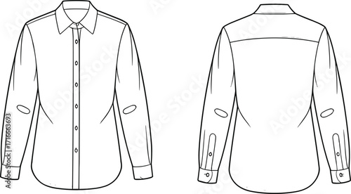 Front and back men's dress shirt flat technical sketch template with elbow patches for fashion and apparel design.Front and back men's dress shirt flat technical sketch template with elbow patches 
