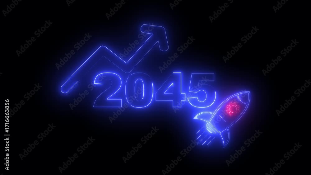 custom made wallpaper toronto digitalBlue neon 2045 year with upward arrow graph and rocket ship icon on black background new year
