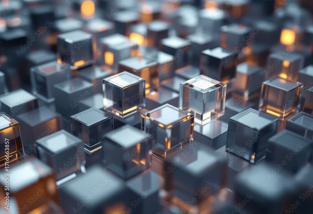 Fototapeta premium A close-up view of numerous translucent cubes, arranged in a grid pattern, with warm-toned interior light highlights.