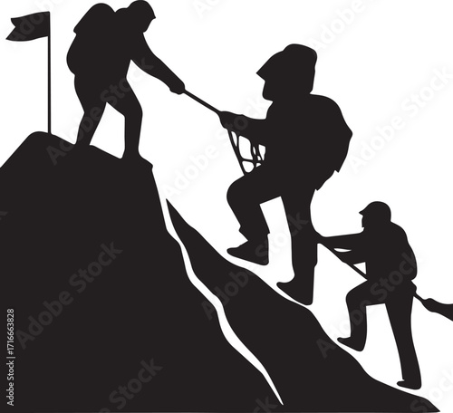 Adventure Silhouette Group Climb with Flag on White Background