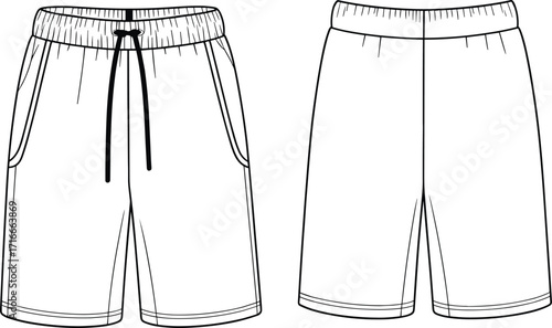 Front and back technical sketch of casual shorts with drawstring waistband and pockets, fashion vector for apparel designFront and back technical sketch of casual shorts with drawstring waistband 