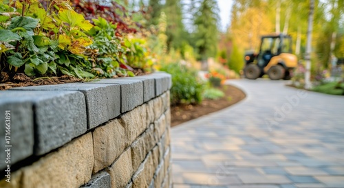 Landscaping Project With Stone Pathway and Colorful Plants in a Sunny Outdoor...