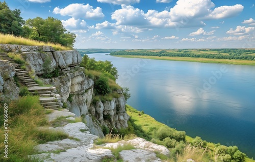 Serene River View From a Rocky Cliff on a Sunny Day With Blue Skies and Fluff...