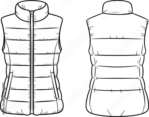 Front and back view of a sleeveless puffer vest jacket with high collar and zippered pockets vector illustrationFront and back view of a sleeveless puffer vest jacket with high collar 