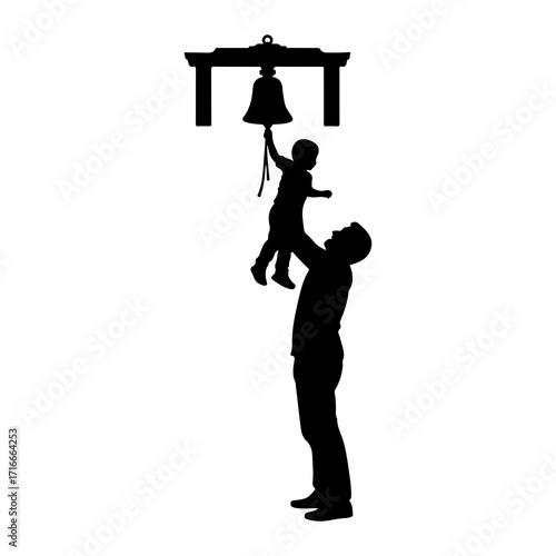 Father lifts child to ring bell lifting ringing