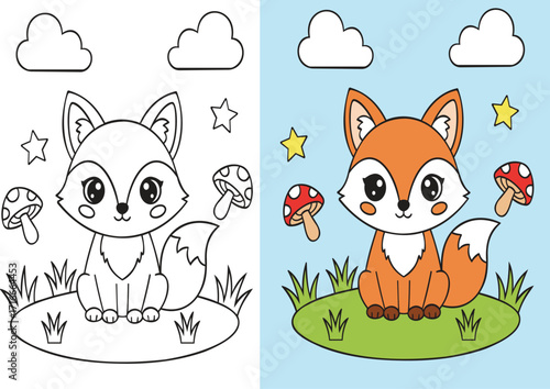 A cheerful and whimsical illustration of a cartoon fox in a woodland setting. The image is split into two halves, serving as both a coloring page and a colored example. The fox is sitting on a patch o