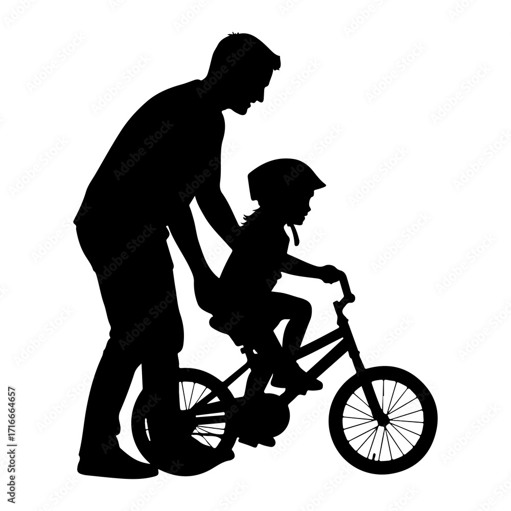 Fototapeta premium Father teaching child riding bicycle silhouette