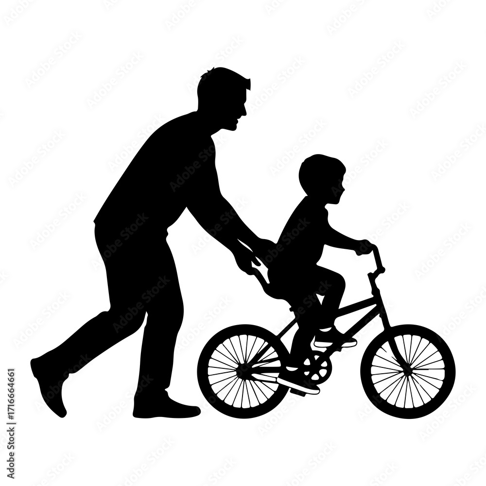 Fototapeta premium Father teaching child to ride bicycle riding
