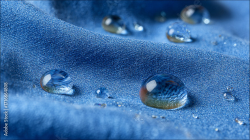 Water droplets on blue fabric showcasing water resistance