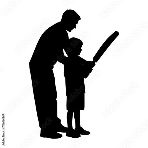 Father teaching son cricket vector
