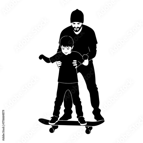 Father teaching son skateboarding learning