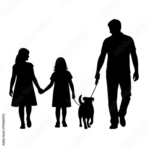 Father walking with two daughters and dog silhouette