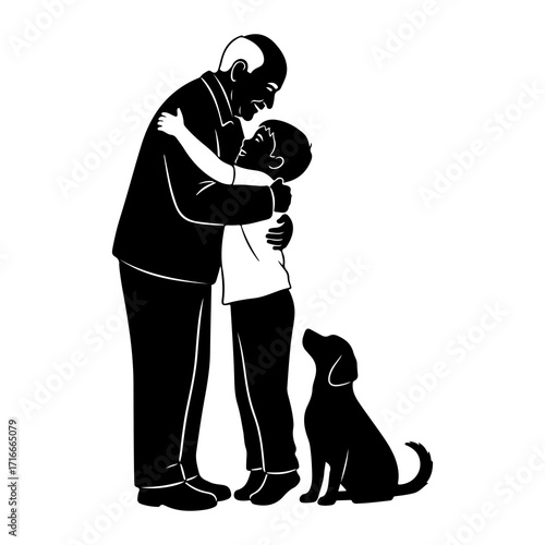 Grandfather embracing grandson with dog embrace