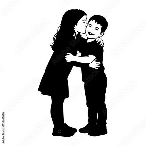 Girl kissing boy cheek black and white children